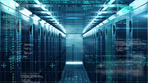Digital Data Streams Flowing Over Server Room