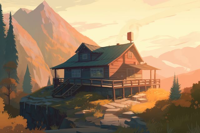 Wooden cabin in mountain landscape, created using generative ai technology. Cabin, vacation, nature and scenery concept digitally generated image.