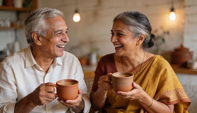 Smiling south asian senior couple drinking chai in rustic kitchen, cozy companionship