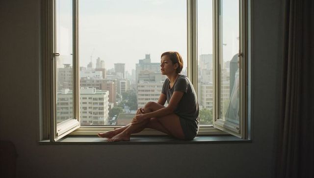 Woman Sitting on Windowsill Gazing at City Skyline Through Open Casement Windows Soft Light