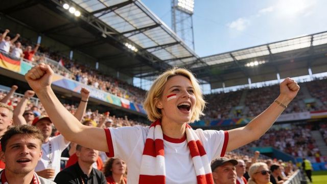 Young fan cheering with red and white scarf and face paint in packed stadium crowd