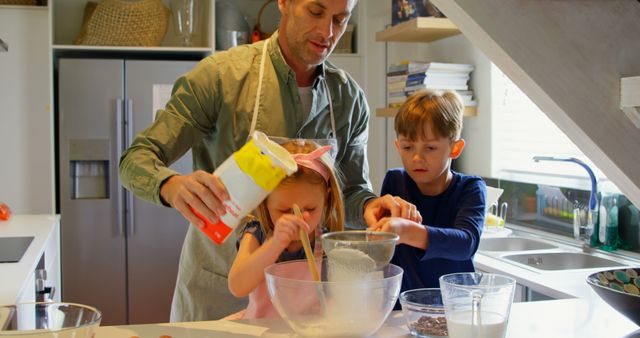 Father Baking with Young Children in Modern Kitchen - Download Free Stock Images Pikwizard.com