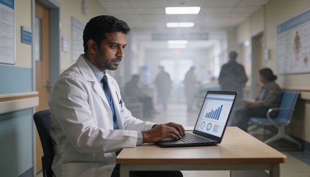 Physician reviewing medical analytics dashboard on laptop in hospital corridor