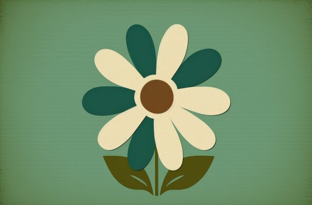 Flower with white and green petals with green leaves, created using generative ai technology. Retro, nature and flower concept.