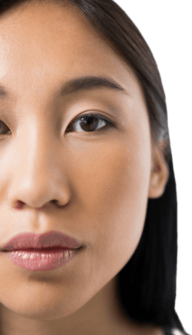 Transparent woman's face close-up with intense gaze