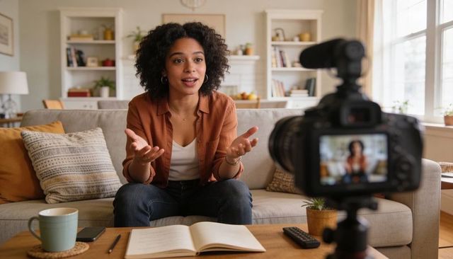 Solo creator vlogging from cozy living room, gesturing while recording with dslr
