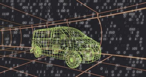 Futuristic wireframe van in digital grid tunnel with binary code