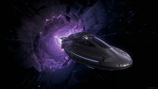 Futuristic spacecraft approaching mysterious energy portal in space