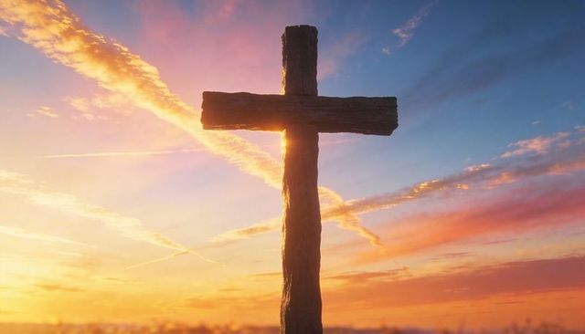 Weathered wooden cross silhouetted at sunrise with radiant sun halo and colorful sky