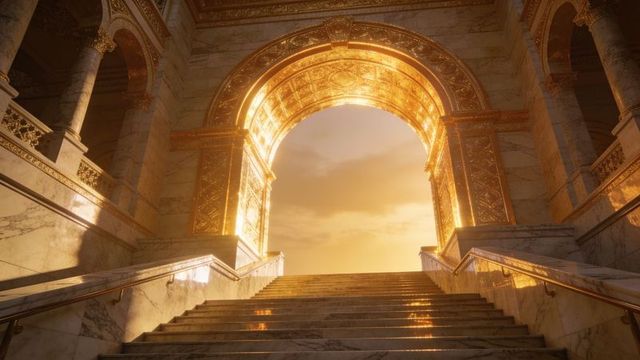 Grand marble staircase rising to gilded archway at golden sunset in ornate classical hall