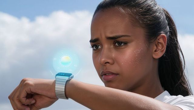 Teen athlete checking smartwatch with holographic weather projection during outdoor workout