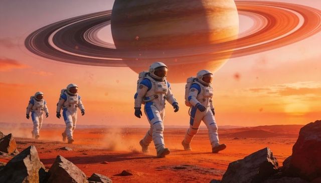 Astronauts Trekking Across Red Desert under Majestic Ringed Planet at Fiery Sunset Martian Expeditio
