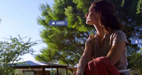 Woman in Park with Social Media Icons Overlay