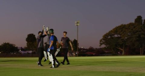 Evening cricket team celebrating wicket under floodlights, players high-fiving on pitch