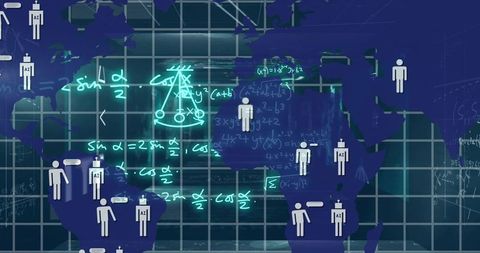 Global AI Education Network Visualization with Neon Math Formulas, Human and Robot Icons