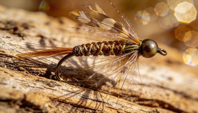 Macro bead-head fly lure with braided body and iridescent bead catching golden bokeh light