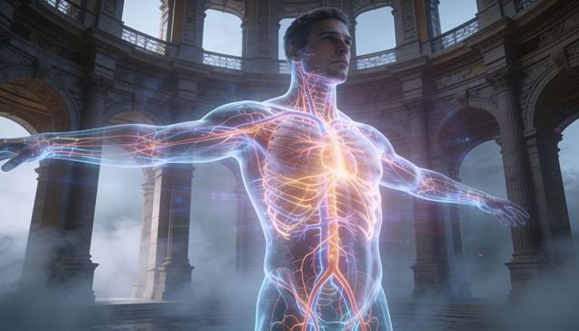 Translucent male torso displaying glowing cardiovascular and nervous systems in rotunda
