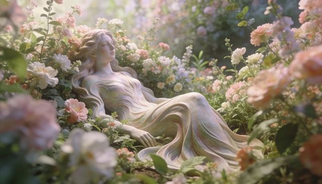 Reclining pearlescent sculpture amid pastel roses, ethereal garden goddess in bloom