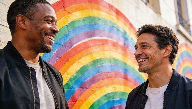 Smiling friends sharing laughter in front of colorful rainbow mural on city wall