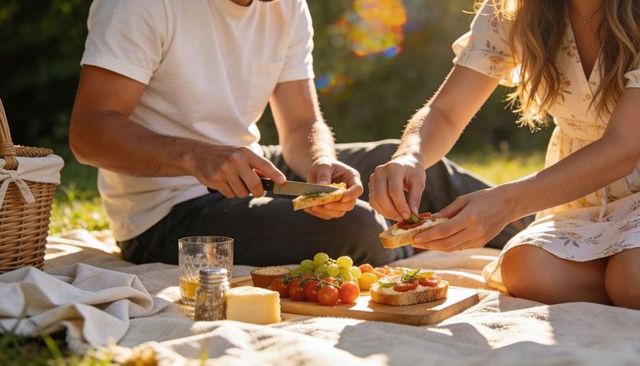 Couple spreading cheese and assembling rustic picnic sandwiches during golden hour