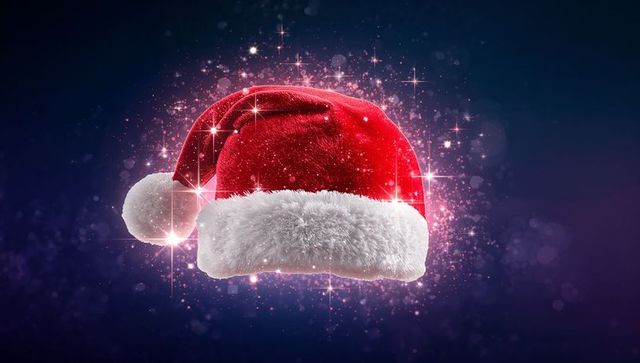 Floating Santa Hat with Sparkling Red Velvet, White Fur Trim and Festive Bokeh Glow