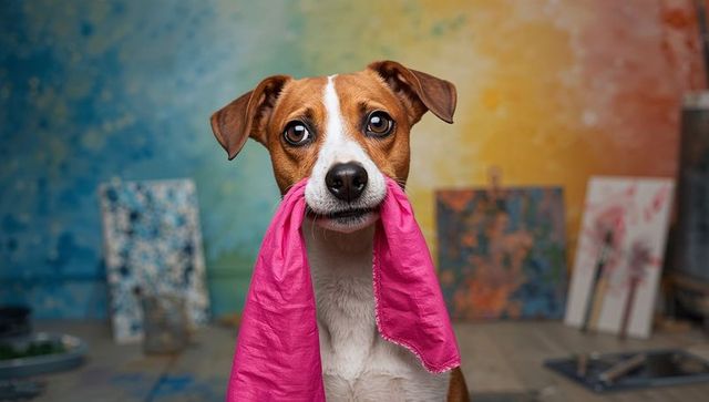 Adorable dog holding pink cloth in colorful art studio