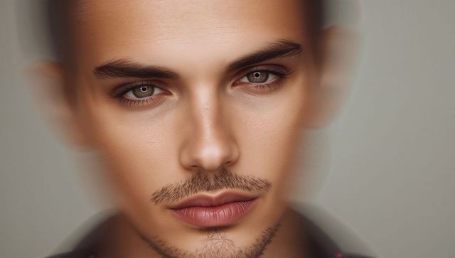 Intense young male portrait with motion blur and stubble, moody studio headshot for fashion