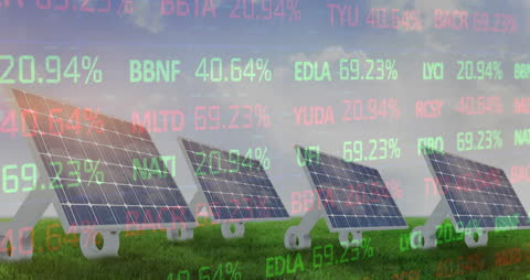 Solar Panels with Financial Market Data and Trends in Background