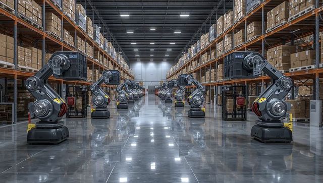 Robotic arms operating in warehouse aisles for automated fulfillment, logistics efficiency