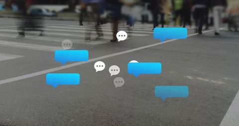 Pedestrians Crossing Urban Road with Speech Bubbles