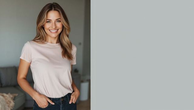 Smiling Woman in Casual Attire with Modern Home Interior