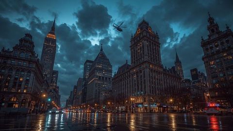 Dramatic night cityscape with historic towers and flying helicopter