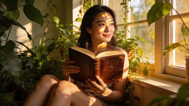 Reading asian woman relaxing on sunlit windowsill holding vintage leather book among lush plants