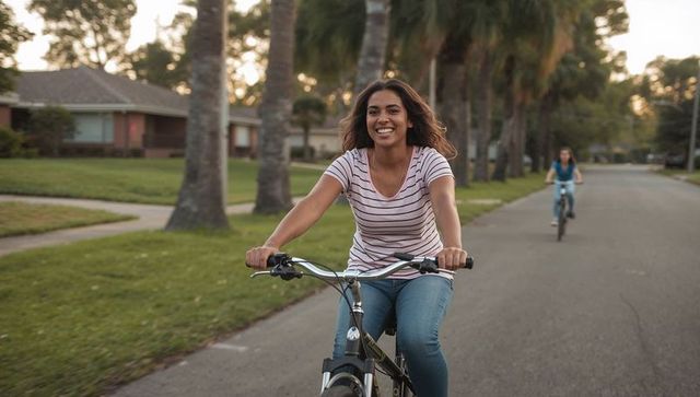 Smiling woman riding bicycle on palm-lined suburban street with teen following