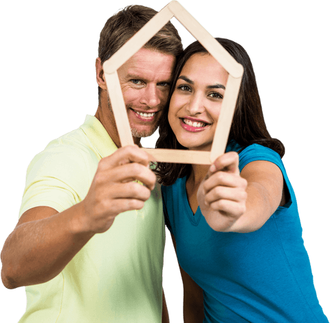 Smiling Couple with Transparent Frame Shaped Like House
