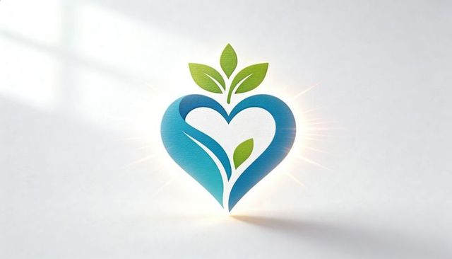 Blue heart leaf logo featuring inner cutout, glow and shadow for eco wellness branding
