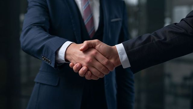 Executive handshake in navy and charcoal suits signaling corporate partnership and trust