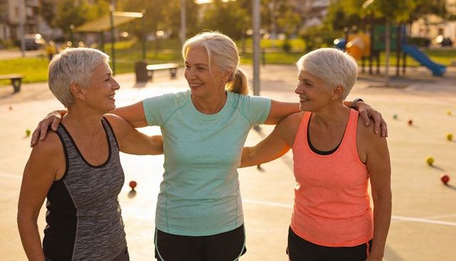 Three active senior women embracing and smiling on sunlit outdoor court during golden hour