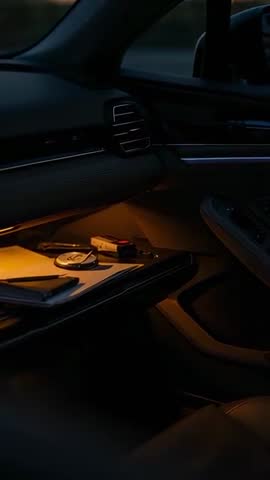 Vertical dusk car interior video showing warm glovebox light revealing phone, keys, wallet