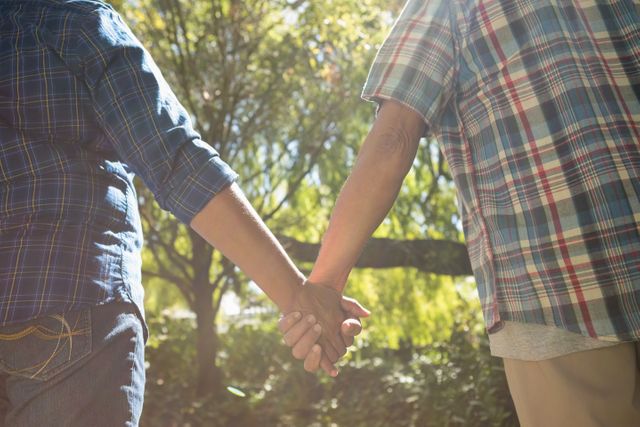 Senior couple holding hands in a park, symbolizing love and companionship. Ideal for use in advertisements, articles, or websites focusing on relationships, elderly care, retirement, and outdoor activities.