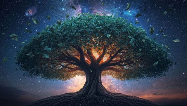 Glowing ancient tree illuminating starry nebula sky with exposed roots and floating leaves