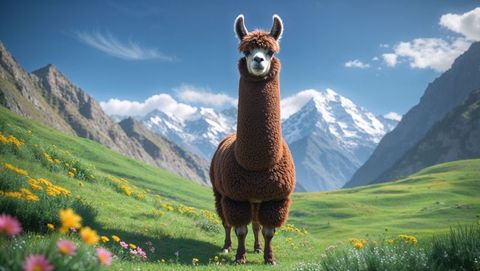 Lone brown llama in vibrant mountain meadow with wildflowers