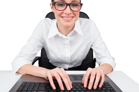 transparent businesswoman typing at desk smiling - Download Free Stock Videos Pikwizard.com