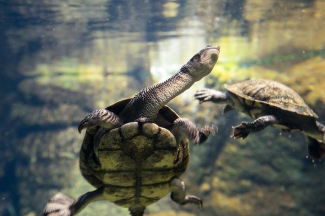 Two turtles swimming gracefully underwater, captured in a natural habitat. This can be used for educational materials about marine life, wildlife preservation campaigns, children's books, or as decorative imagery in an office or home setting.