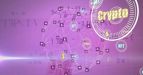 Abstract digital network with cryptocurrency symbols and blockchain connections
