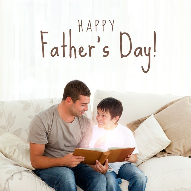 Digital composite image of happy father's day text on caucasian father and son with illuminated book. family, togetherness, lifestyle and celebration concept.