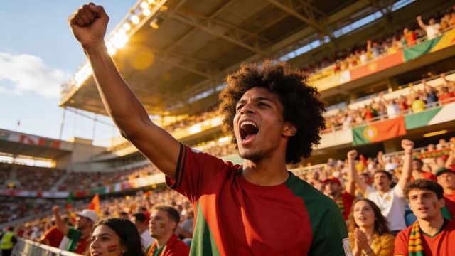Cheering football fan raising fist in sunlit stadium with lively supporters