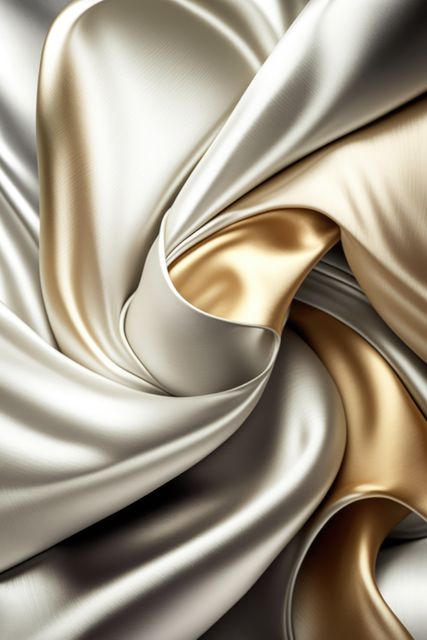 The image shows a beautifully draped silk fabric blending metallic and gold shades, creating an impression of luxury and elegance. The smooth fabric texture and shimmering play of colors are perfect for high-fashion marketing, interior decoration ideas, textile design inspirations, and background use in branding projects.
