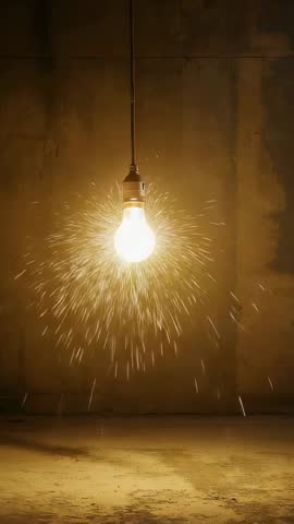 Hanging Light Bulb Emitting Sparks in Raw Concrete Room Vertical Video for Industrial Glow