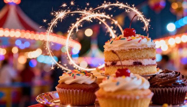 Sparkler-Topped Cupcakes and Jam Layer Cake Celebrating Carnival Lights and Festive Bokeh